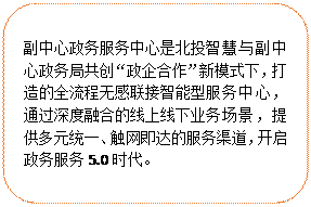 clip_image009.gif 圓角矩形:副中心政務服務中心是北投智慧與副中心政務局共創“政企合作”新模式下,打造的全流程無感聯接智能型服務中心,通過深度融合的線上線下業務場景,提供多元統一、觸網即達的服務渠道,開啟政務服務5.0時代。